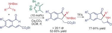 Graphical abstract: N-Heterocyclic carbene-catalyzed tandem aza-benzoin/Michael reactions: on site reversal of the reactivity of N-Boc imines