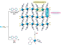 Graphical abstract: Europium(ii) compounds: simple synthesis of a molecular complex in water and coordination polymers with 2,2′-bipyrimidine-mediated ferromagnetic interactions
