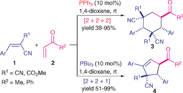 Graphical abstract: Chemoselective phosphine-catalyzed cascade annulations between two different activated alkenes: highly diastereoselective syntheses of polysubstituted cyclohexanes and cyclopentenes