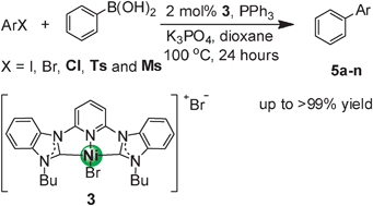 Graphical abstract: A pyridine-bridged bis-benzimidazolylidene pincer nickel(ii) complex: synthesis and practical catalytic application towards Suzuki–Miyaura coupling with less-activated electrophiles