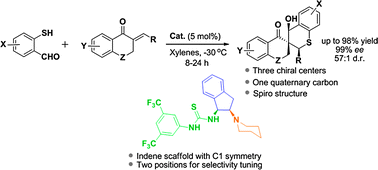 Graphical abstract: Enantioselective heterocyclic synthesis of spiro chromanone–thiochroman complexes catalyzed by a bifunctional indane catalyst