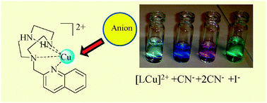 Graphical abstract: Colorimetric response to anions by a “robust” copper(ii) complex of a [9]aneN3 pendant arm derivative: CN− and I− selective sensing