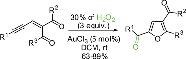 Graphical abstract: Synthesis of 2-acylfurans from 3-(1-alkynyl)-2-alken-1-ones via the oxidation of gold–carbene intermediates by H2O2