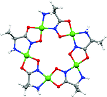 Graphical abstract: Metallacrowns of Ni(ii) with α-aminohydroxamic acids in aqueous solution: beyond a 12-MC-4, an unexpected (vacant?) 15-MC-5