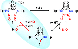 Graphical abstract: Conversion of oxido-bridged dinuclear ruthenium complex to dicationic dinitrosyl ruthenium complex using proton and nitric oxide: Completion of NO reduction cycle