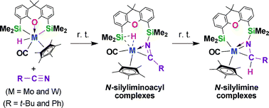 Graphical abstract: Synthesis and characterisation of hydrido molybdenum and tungsten complexes having a hemilabile tridentate Si,Si,O-ligand: observation of stepwise hydrosilylation of a nitrile to form an N-silylimine on the metal centre