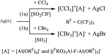 Graphical abstract: CCl3+ and CBr3+ salts with the [Al(ORF)4]− and [(FRO)3Al–F–Al(ORF)3]− anions (RF = C(CF3)3)