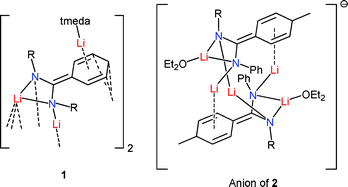 Graphical abstract: Synthesis and structures of the [benzamidinato]3− complexes Li3(tmeda)(L1)]2 and [Li(thf)4][Li5(L2)(OEt2)2] [L1 = N(SiMe3)C(Ph)N(SiMe3) and L2 = N(SiMe3)C(C6H4-4)NPh]