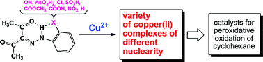 Graphical abstract: Complexes of copper(ii) with 3-(ortho-substituted phenylhydrazo)pentane-2,4-diones: syntheses, properties and catalytic activity for cyclohexane oxidation