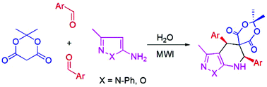 Graphical abstract: New multicomponent domino reactions (MDRs) in water: highly chemo-, regio- and stereoselective synthesis of spiro{[1,3]dioxanopyridine}-4,6-diones and pyrazolo[3,4-b]pyridines