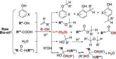 Graphical abstract: Catalytic upgrading of bio-oil using 1-octene and 1-butanol over sulfonic acid resin catalysts