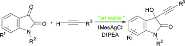 Graphical abstract: “On water”-promoted direct alkynylation of isatins catalyzed by NHC–silver complexes for the efficient synthesis of 3-hydroxy-3-ethynylindolin-2-ones