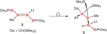 Graphical abstract: Addition of methyllithium to disilyne RSi [[triple bond, length as m-dash]] SiR (R = SiiPr[CH(SiMe3)2]), giving a disilenyllithium, and its unexpected isomerization to a disilacyclopropylsilyllithium