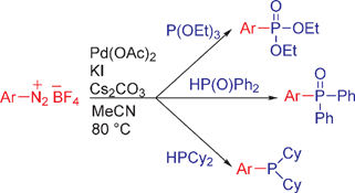 Graphical abstract: Arenediazonium tetrafluoroborates in palladium-catalyzed C–P bond-forming reactions. Synthesis of arylphosphonates, -phosphine oxides, and -phosphines