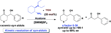 Graphical abstract: Highly enantioselective synthesis of syn-aldols of cyclohexanonesvia chiral primary amine catalyzed asymmetric transfer aldol reactions in ionic liquid