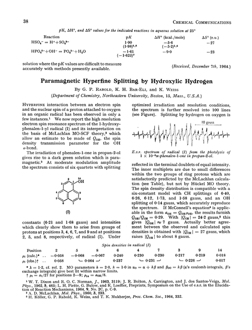 Paramagnetic hyperfine splitting by hydroxylic hydrogen