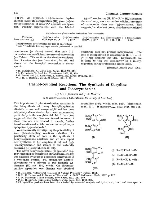 Phenol-coupling reactions: the synthesis of corydine and isocorytuberine