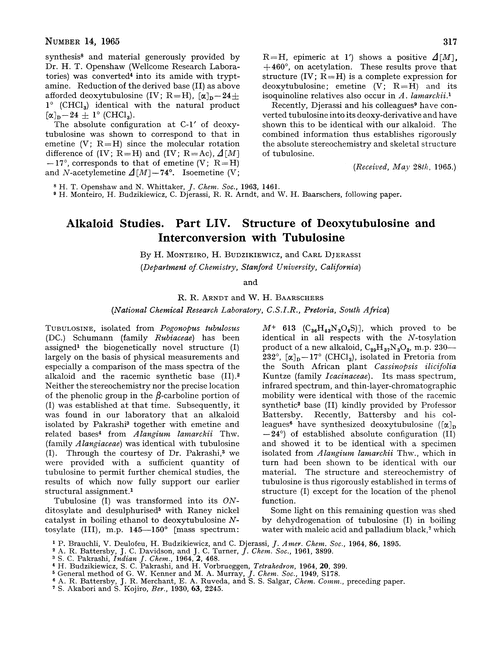 Alkaloid studies. Part LIV. Structure of deoxytubulosine and interconversion with tubulosine