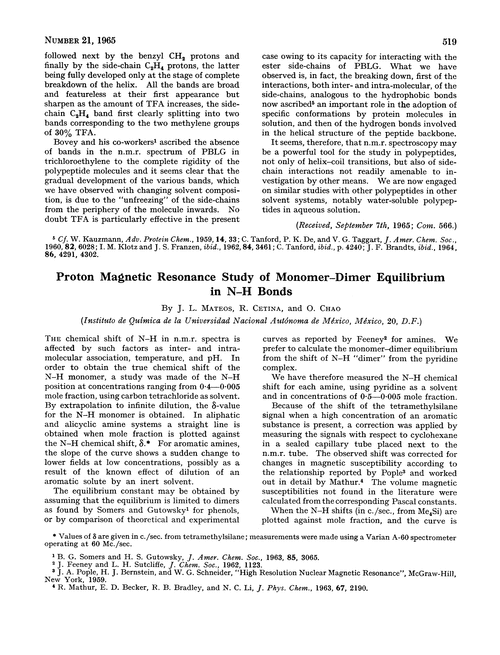 Proton magnetic resonance study of monomer–dimer equilibrium in N–H bonds