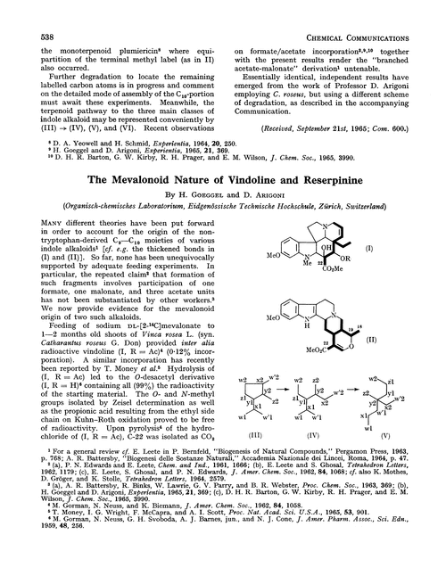 The mevalonoid nature of vindoline and reserpinine