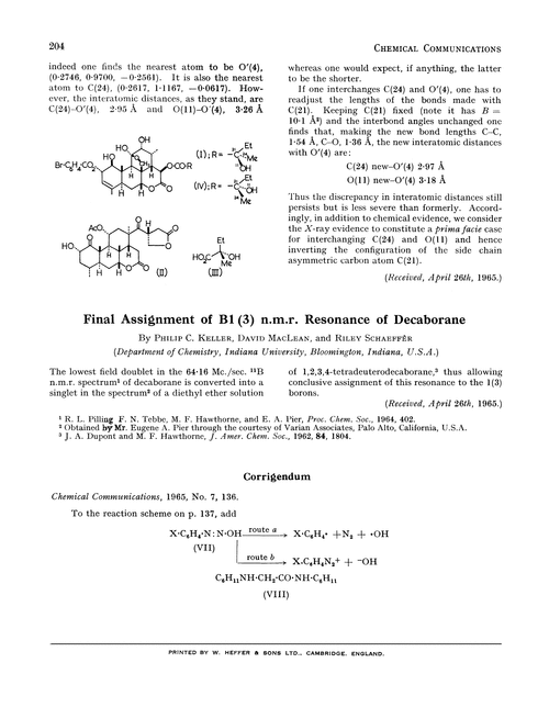Final assignment of B1 (3) n.m.r. resonance of decaborane
