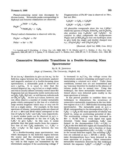 Consecutive metastable transitions in a double-focussing mass spectrometer