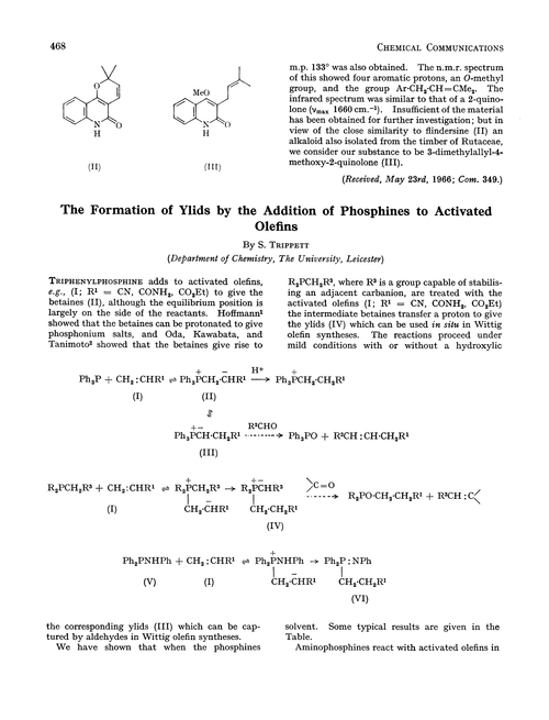 The formation of ylids by the addition of phosphines to activated olefins