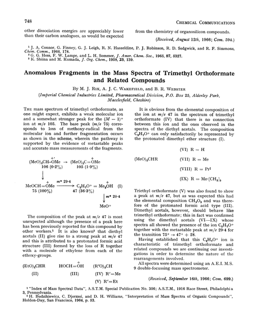 Anomalous fragments in the mass spectra of trimethyl orthoformate and related compounds