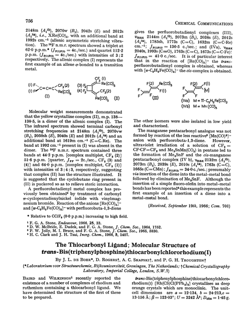 The thiocarbonyl ligand; molecular structure of trans-bis(triphenylphosphine)thiocarbonylchlororhodium(I)