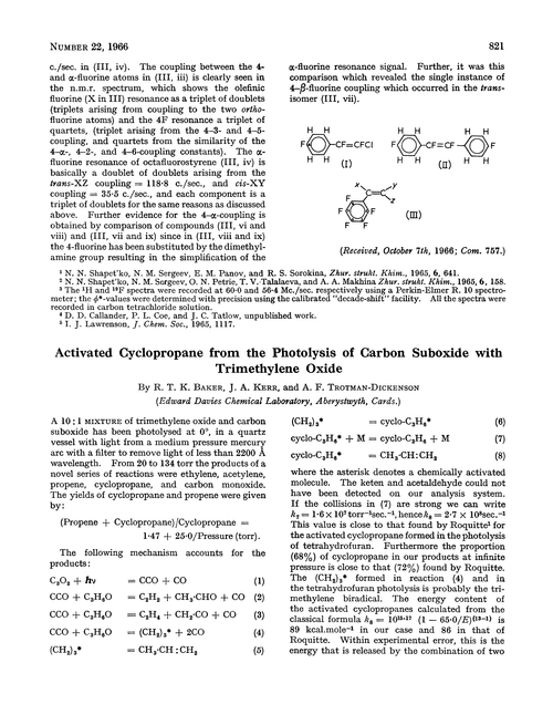 Activated cyclopropane from the photolysis of carbon suboxide with trimethylene oxide