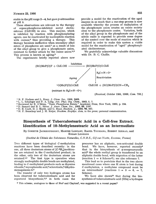 Biosynthesis of tuberculostearic acid in a cell-free extract. Identification of 10-methylenestearic acid as an intermediate