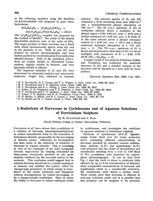γ-Radiolysis of ferrocene in cyclohexane and of aqueous solutions of ferricinium sulphate