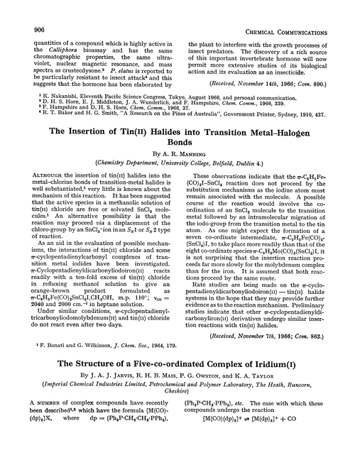The structure of a five-co-ordinated complex of iridium(I)
