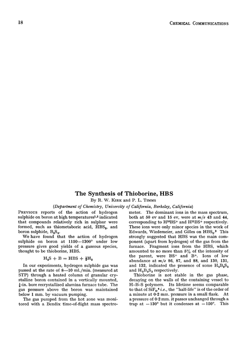 The synthesis of thioborine, HBS