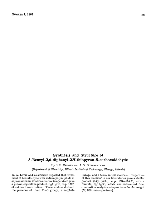 Synthesis and structure of 3-benzyl-2,6-diphenyl-2H-thiopyran-5-carboxaldehyde