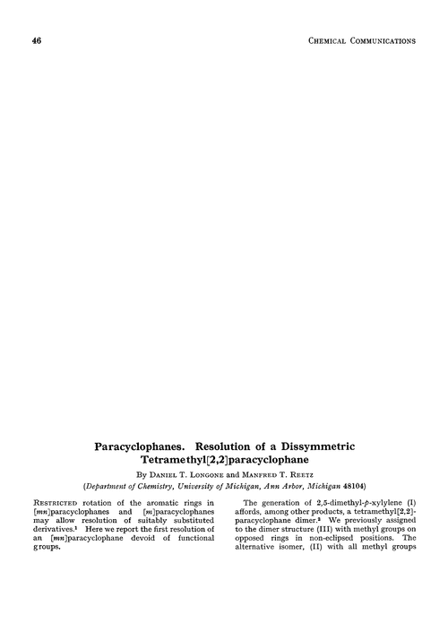 Paracyclophanes. Resolution of a dissymmetric tetramethyl[2,2]paracyclophane