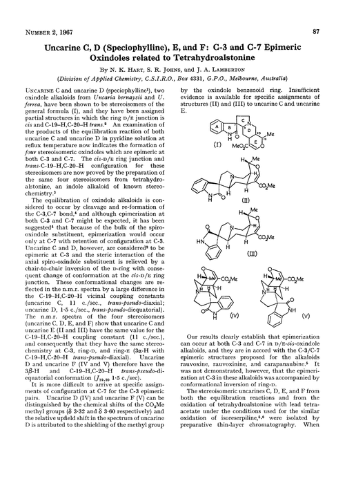 Uncarine C, D (speciophylline), E, and F: C-3 and C-7 epimeric oxindoles related to tetrahydroalstonine