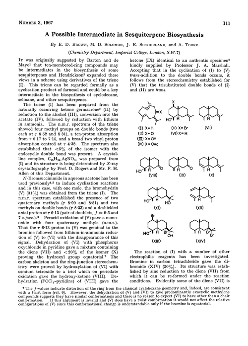 A possible intermediate in sesquiterpene biosynthesis