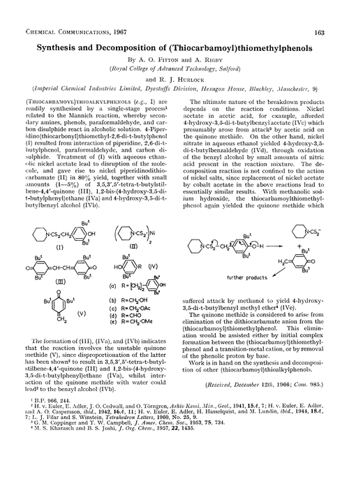 Synthesis and decomposition of (thiocarbomyl)thiomethylphenols