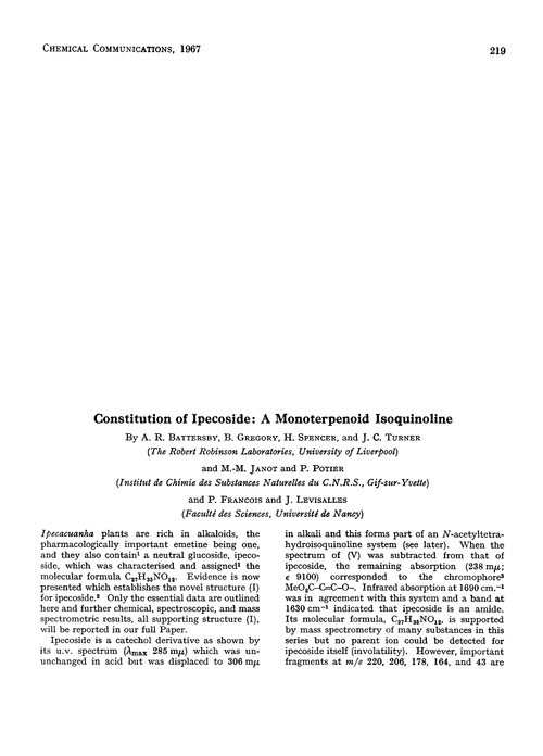 Constitution of ipecoside: a monoterpenoid isoquinoline