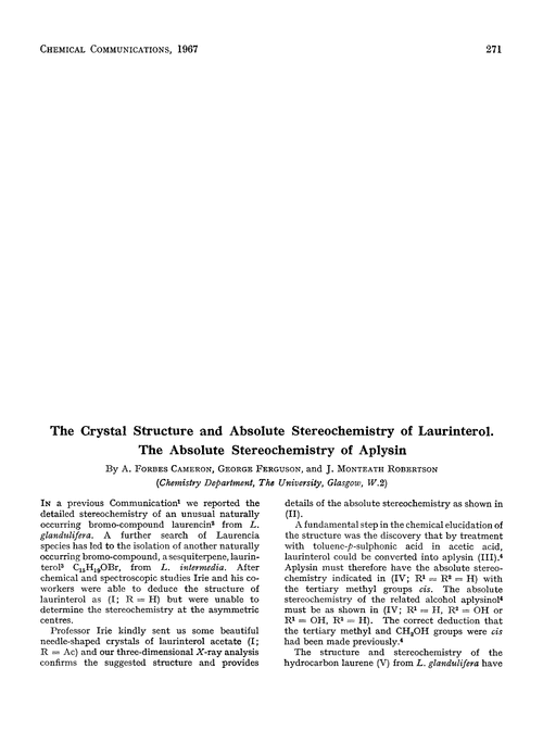 The crystal structure and absolute stereochemistry of laurinterol. The absolute stereochemistry of aplysin