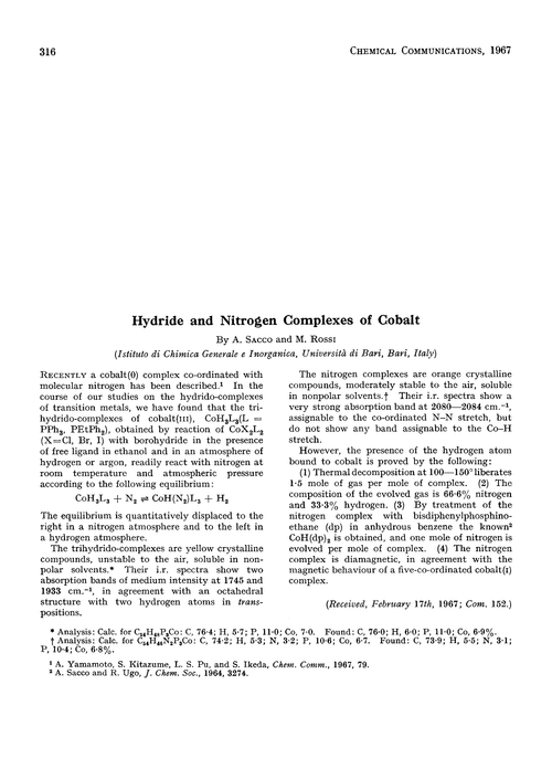 Hydride and nitrogen complexes of cobalt
