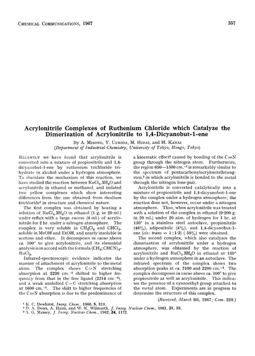 Acrylonitrile complexes of ruthenium chloride which catalyze the dimerization of acrylonitrile to 1,4-dicyanobut-1-ene