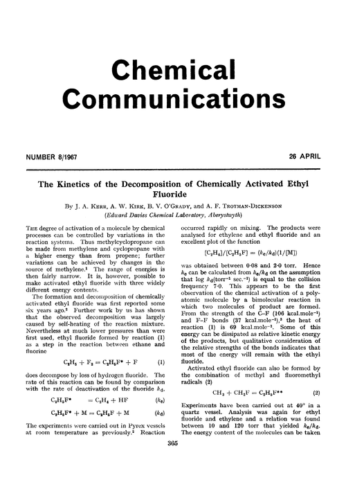 The kinetics of the decomposition of chemically activated ethyl fluoride