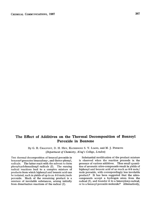 The effect of additives on the thermal decomposition of benzoyl peroxide in benzene