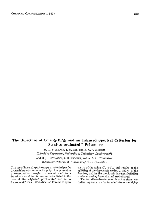 The structure of Cu(en)2(BF4)2 and an infrared spectral criterion for “semi-co-ordinated” polyanions