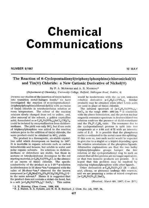 The reaction of π-cyclopentadienyl(triphenylphosphine)chloronickel(II) and tin(II) chloride: a new cationic derivative of nickel(II)
