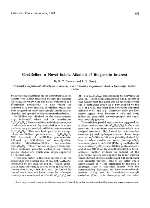 Cordifoline: a novel indole alkaloid of biogenetic interest