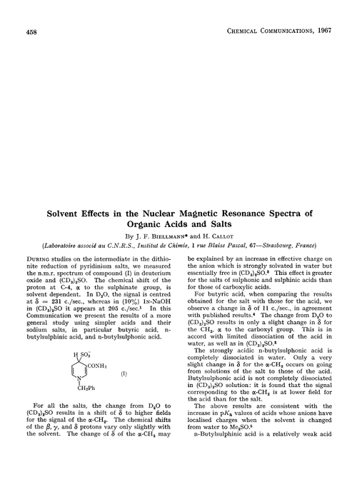 Solvent effects in the nuclear magnetic resonance spectra of organic acids and salts