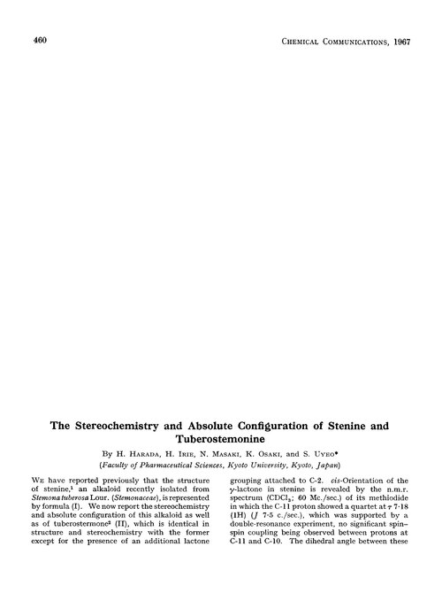 The stereochemistry and absolute configuration of stenine and tuberostemonine